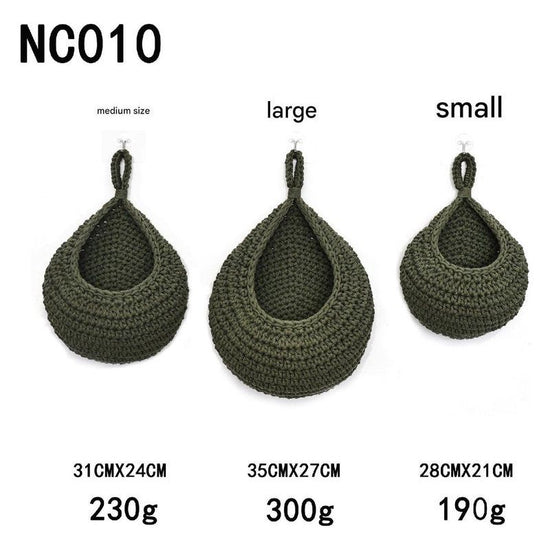 Green 3-Piece Wall-Mounted Cotton Rope Storage Baskets – Large, Medium, and Small Hand-Woven Fruit/Vegetable/Storage Nets (Large weight 300g, Medium weight 230g, Small weight 200g)