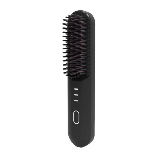 Black Wireless Hair Straightening Brush - Portable 2-in-1 Styling Tool with USB Charging, Ceramic Heat Technology, and Compact Design