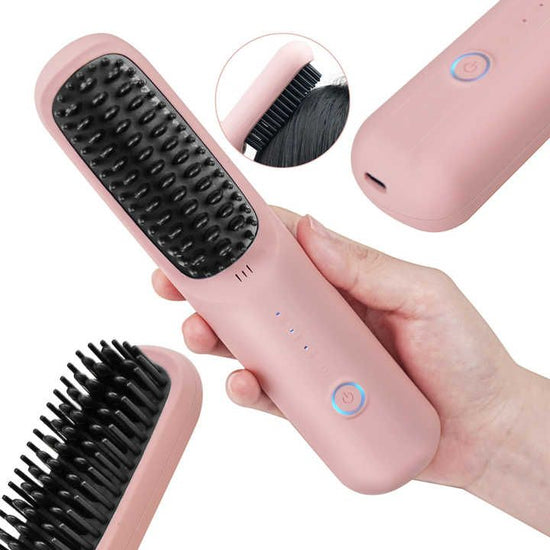 Black Wireless Hair Straightening Brush - Portable 2-in-1 Styling Tool with USB Charging, Ceramic Heat Technology, and Compact Design