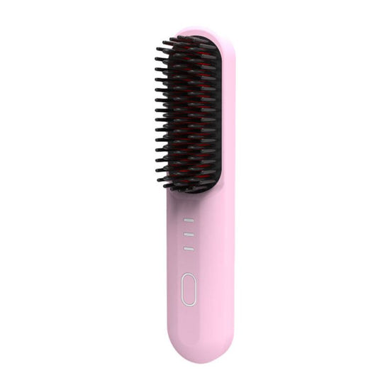 Pink Wireless Hair Straightening Brush - Portable 2-in-1 Styling Tool with USB Charging, Ceramic Heat Technology, and Compact Design