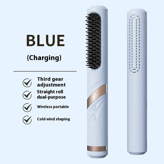 Blue Portable USB Rechargeable Cold Wind Ionic Hair Straightening Brush, Multi-Functional Hair Straightener and Curler, Lightweight and Travel-Friendly