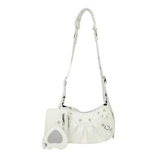 White Vintage Rivet Crescent Moon Bag with Card Holder & Mirror, French Retro PU Leather Shoulder & Crossbody Motorcycle Bag for Women