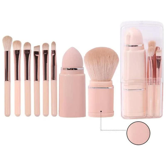 Pink 8-in-1 Retractable Mini Makeup Brush Set with Protective Cover - Compact Design for Travel and On-the-Go Touchups