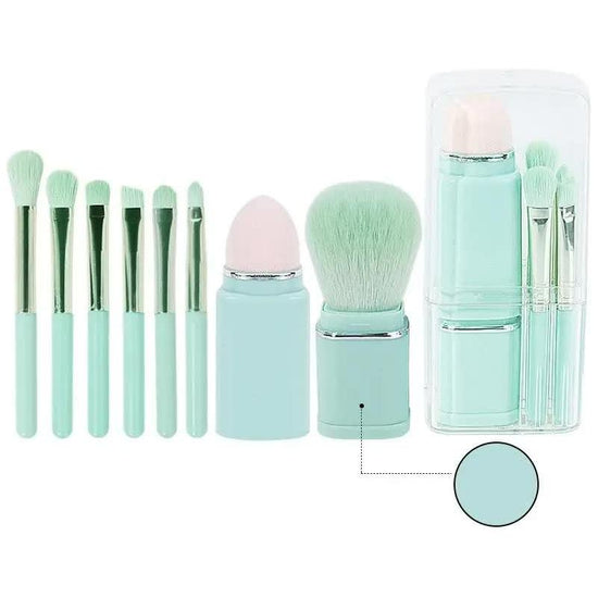 Green 8-in-1 Retractable Mini Makeup Brush Set with Protective Cover - Compact Design for Travel and On-the-Go Touchups