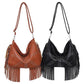 Brown Trendy Rivet Fringe Shoulder Bag - Large Capacity Soft Leather Handbag for Women, Perfect for Travel and Leisure