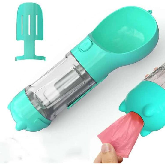 Blue Portable Pet Water Bottle with Waste Bag Dispenser – 300ml Leak-Proof Travel Hydration Solution