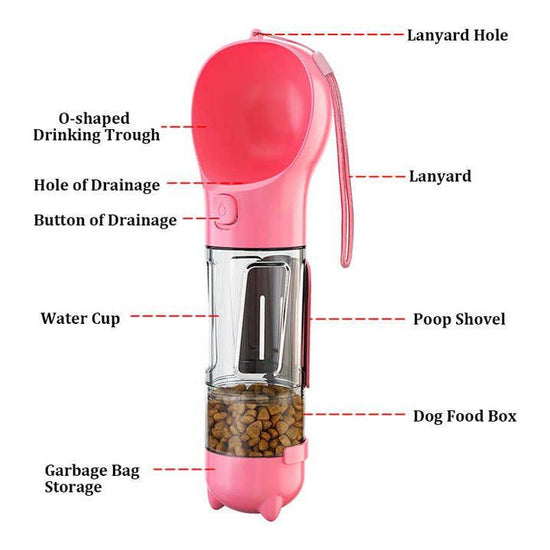 Pink 500ml Portable Pet Water Bottle | Multifunctional Travel Pet Feeder | Outdoor Dog Drinking Bottle with Waste Shovel