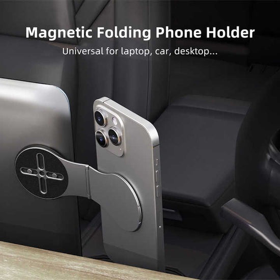 Black Magnetic Foldable Phone Stand – Universal Aluminum Alloy Desktop & Tesla Car Mount, Compact and Lightweight Design