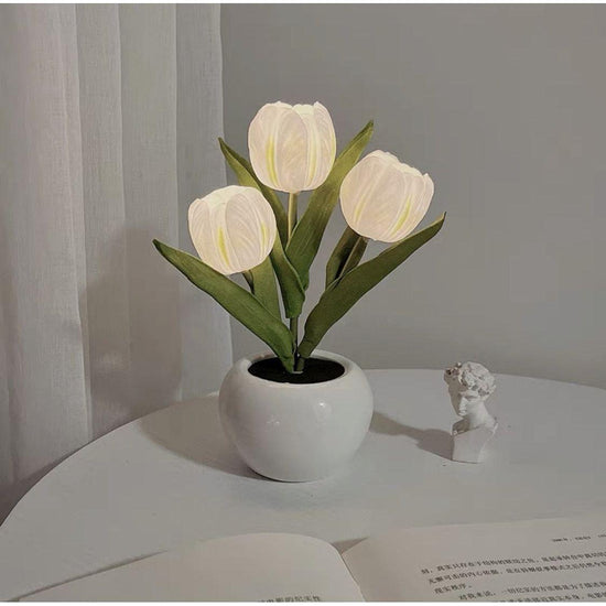 White Flowers USB Tulip Night Light - Bedroom Decor Table Lamp with PU Flowers & Ceramic Pot, Perfect Gift for Family & Friends