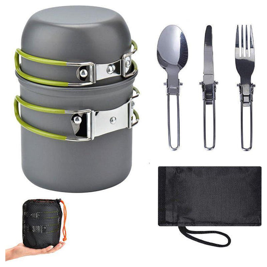 Green And Grey Compact Outdoor Camping Cookware Set with 410 Stainless Steel Utensils