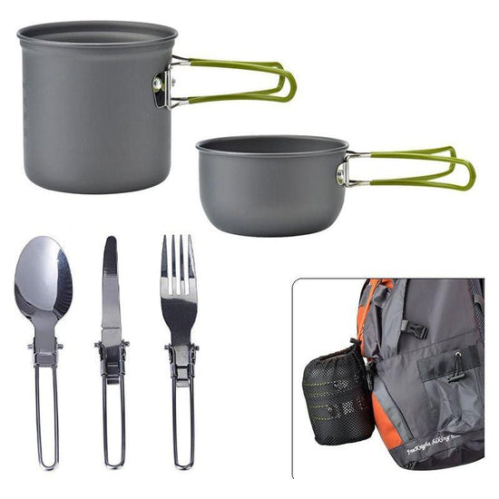 Green And Grey Compact Outdoor Camping Cookware Set with 410 Stainless Steel Utensils