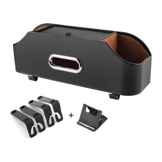 Black Car Seat Back Organizer - Multi-Function Storage Box with Tissue Holder, Cup Holder, and Phone Mount