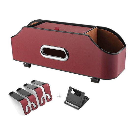 Wine Red Car Seat Back Organizer - Multi-Function Storage Box with Tissue Holder, Cup Holder, and Phone Mount