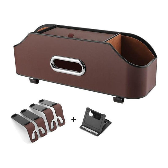 Brown Car Seat Back Organizer - Multi-Function Storage Box with Tissue Holder, Cup Holder, and Phone Mount