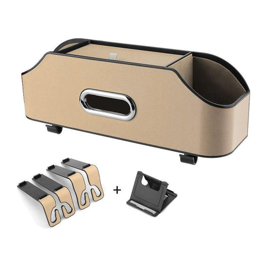 Off-white Car Seat Back Organizer - Multi-Function Storage Box with Tissue Holder, Cup Holder, and Phone Mount