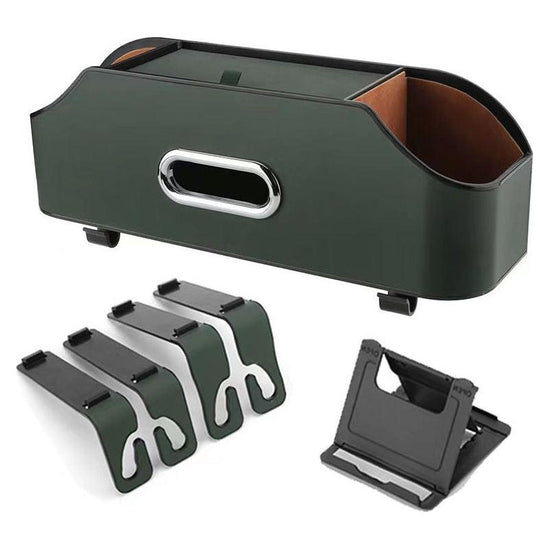 Green Car Seat Back Organizer - Multi-Function Storage Box with Tissue Holder, Cup Holder, and Phone Mount