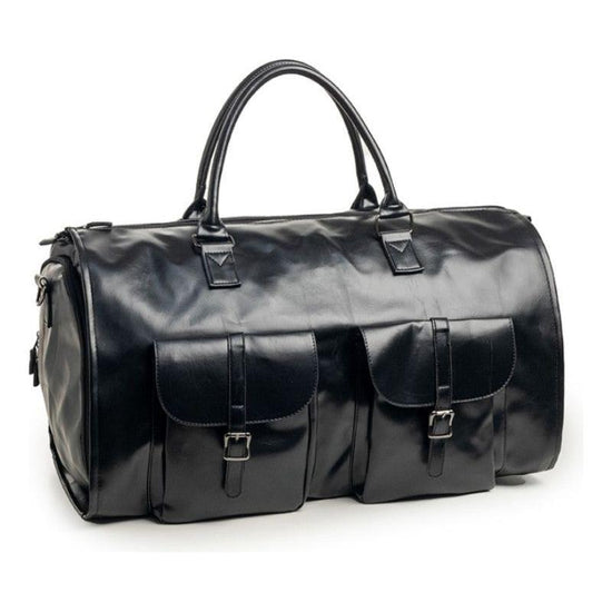 Black PU Leather Travel Duffel Bag - Multifunctional Overnight Gym Bag with Spacious Compartments