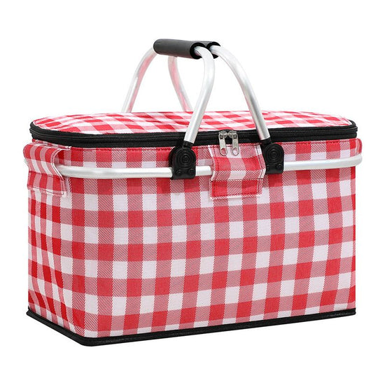 Insulated Picnic Basket with Aluminum Frame - Portable Collapsible Cooler Bag 18L 40*20*23cm(Red plaid)