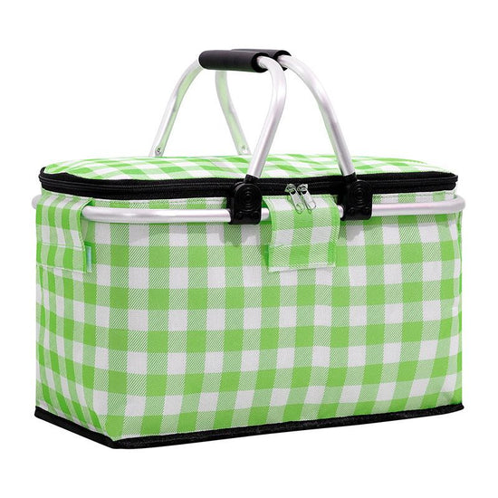 Insulated Picnic Basket with Aluminum Frame - Portable Collapsible Cooler Bag 18L 40*20*23cm(Green plaid)