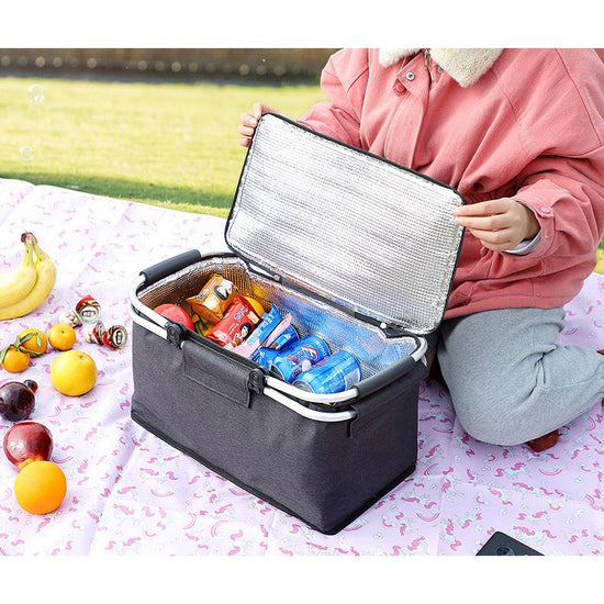 Insulated Picnic Basket with Aluminum Frame - Portable Collapsible Cooler Bag 18L 40*20*23cm(Green plaid)