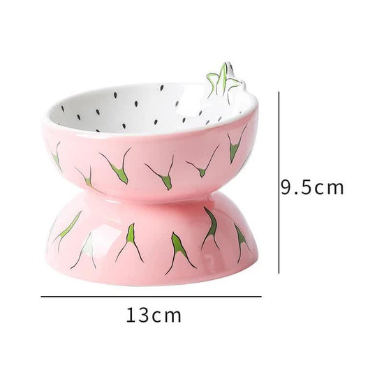 Ceramic Elevated Pet Food Bowl - Cute Pitaya Pattern Design for Cats and Small Dogs
