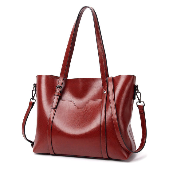 Elegant PU Leather Tote Bag with Detachable Strap - Wine Red