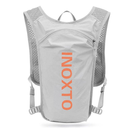 Lightweight Hydration Running Vest with 5L Capacity and Reflective Strips, Gray backpack with orange text