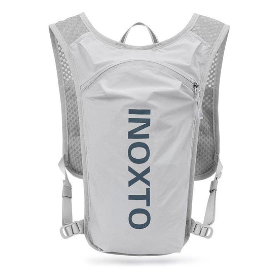 Lightweight Hydration Running Vest with 5L Capacity and Reflective Strips, Gray backpack with Dark blue text