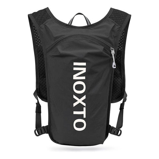 Lightweight Hydration Running Vest with 5L Capacity and Reflective Strips, Black backpack with white text
