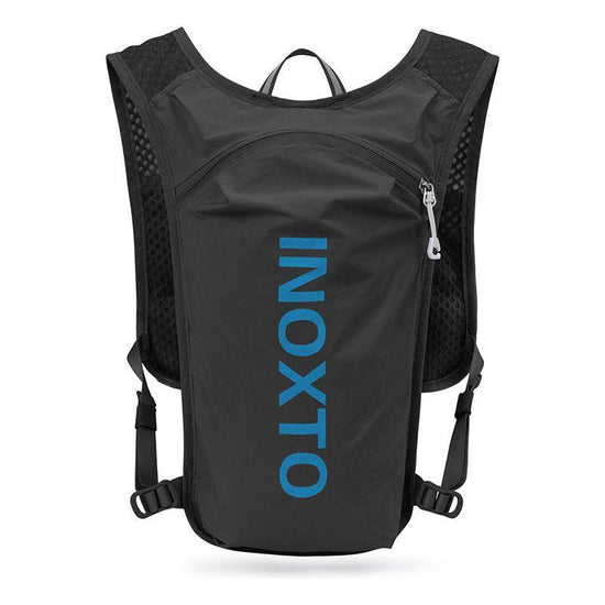 Lightweight Hydration Running Vest with 5L Capacity and Reflective Strips, Black backpack with blue text