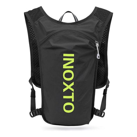 Lightweight Hydration Running Vest with 5L Capacity and Reflective Strips, Black backpack with green text