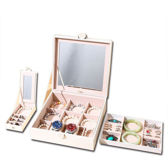 White Luxury Quilted Jewelry Storage Box with Mirror and Multi-Layer Compartments