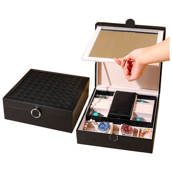 Black Luxury Quilted Jewelry Storage Box with Mirror and Multi-Layer Compartments