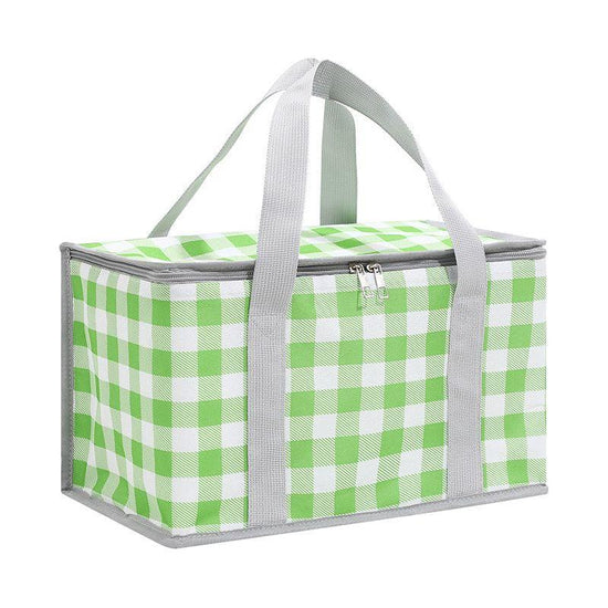 2PCS Green Insulated Picnic Lunch Bag with Checkered Design, Thermal Storage for Hot and Cold Items