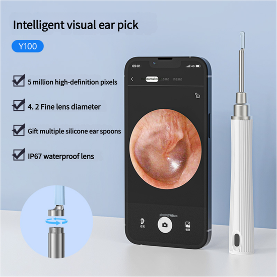 White Smart Visual Ear Cleaning Stick with 1080P Camera and Rechargeable Battery