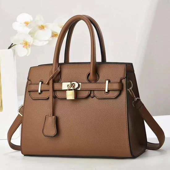 Coffee Elegant PU Leather Handbag with Lock Decoration - Bag for Women