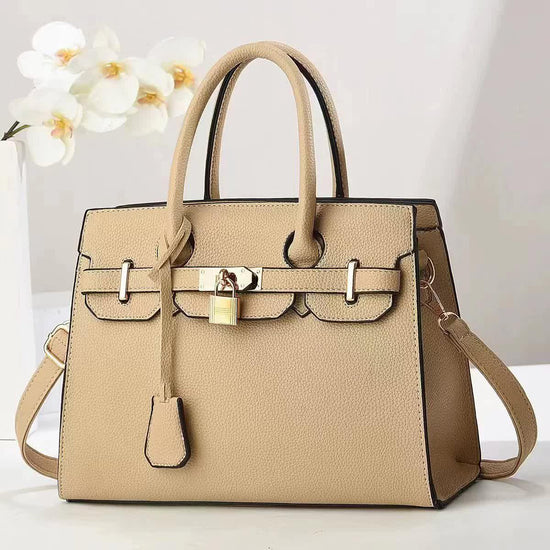 Khaki Elegant PU Leather Handbag with Lock Decoration - Bag for Women