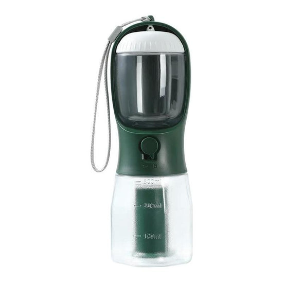 Green 3-in-1 Portable Pet Water Bottle with Food Storage and Waste Bag Dispenser - 300mL Capacity