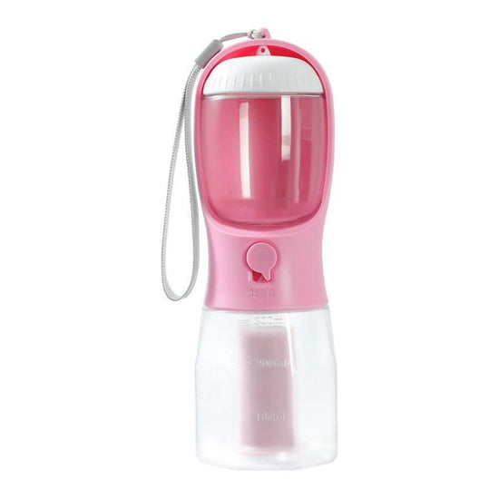 Pink 3-in-1 Portable Pet Water Bottle with Food Storage and Waste Bag Dispenser - 300mL Capacity