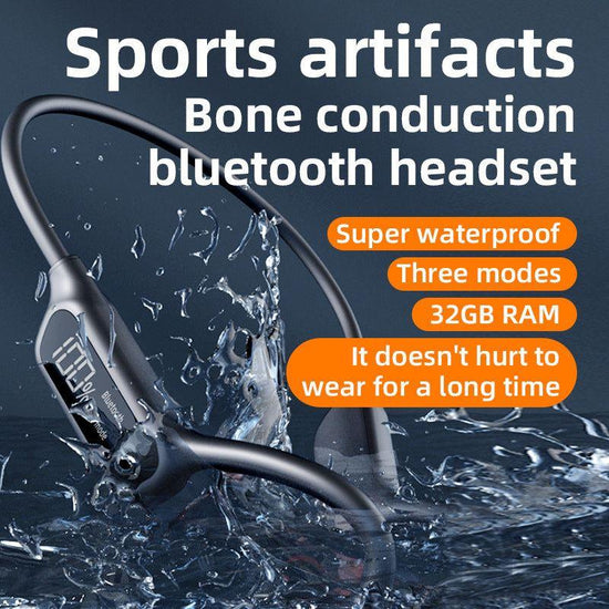Black Waterproof Bone Conduction Bluetooth Headset - 32GB Memory, Lightweight & Durable for Sports
