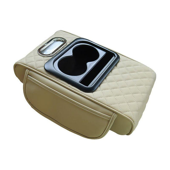 GT-6 Embroidery Beige ,Multifunctional Car Armrest Storage Box Cushion - Universal Fit with Cup Holder and Tissue Dispenser
