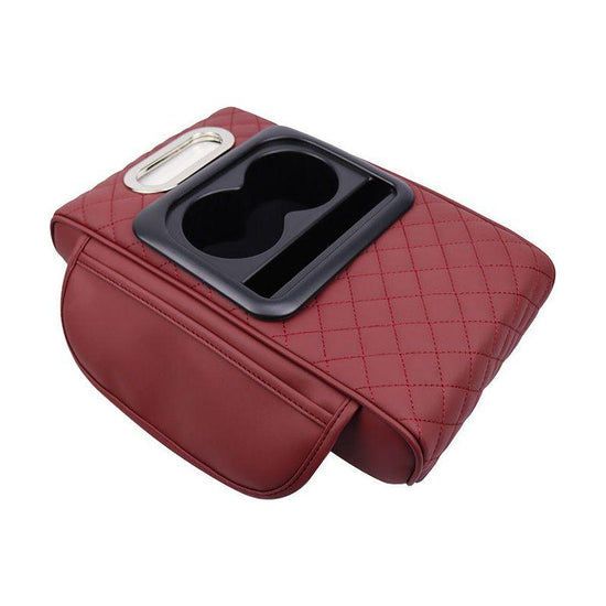 GT-6 Embroidery Wine Red ,Multifunctional Car Armrest Storage Box Cushion - Universal Fit with Cup Holder and Tissue Dispenser