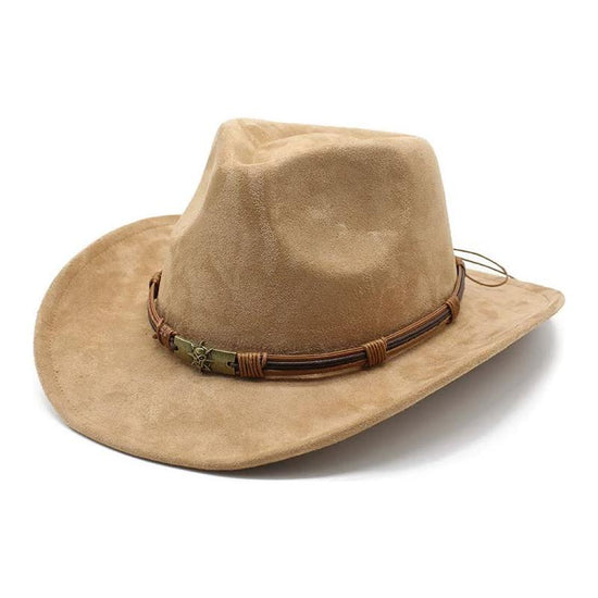 Light Tan Unisex Faux Suede Western Cowboy Hat - Wide Brim Vintage Fedora for Outdoor Travel