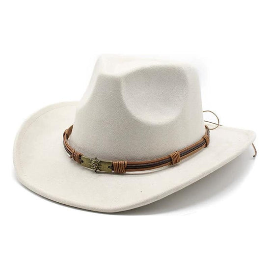 Off White Unisex Faux Suede Western Cowboy Hat - Wide Brim Vintage Fedora for Outdoor Travel,M(57-58cm)