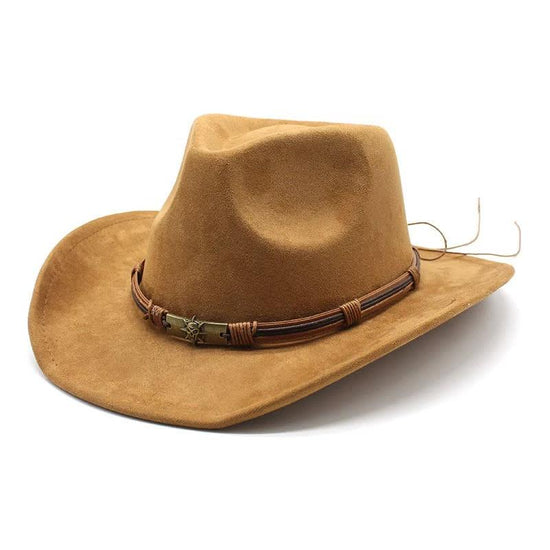 Khaki Unisex Faux Suede Western Cowboy Hat - Wide Brim Vintage Fedora for Outdoor Travel,M(57-58cm)