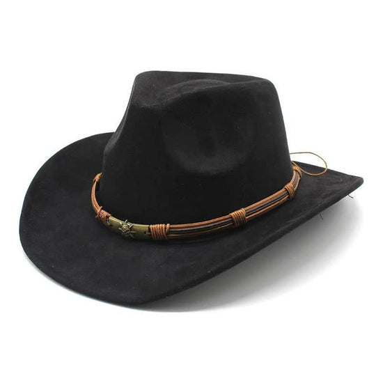 Black Unisex Faux Suede Western Cowboy Hat - Wide Brim Vintage Fedora for Outdoor Travel,M(57-58cm)