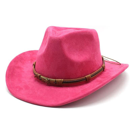 Rose Red Unisex Faux Suede Western Cowboy Hat - Wide Brim Vintage Fedora for Outdoor Travel,M(57-58cm)