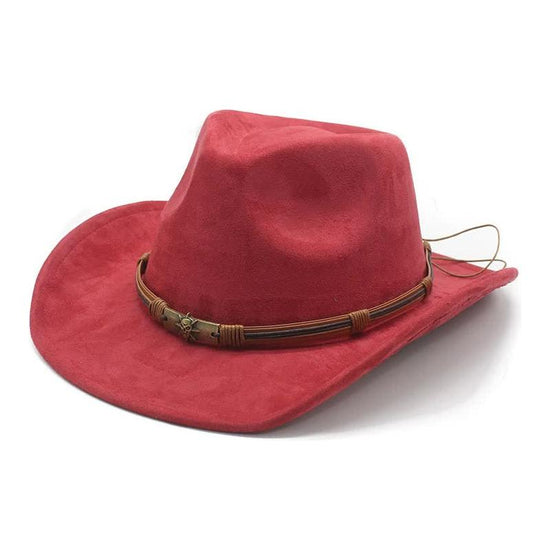 Wine Red Unisex Faux Suede Western Cowboy Hat - Wide Brim Vintage Fedora for Outdoor Travel,M(57-58cm)
