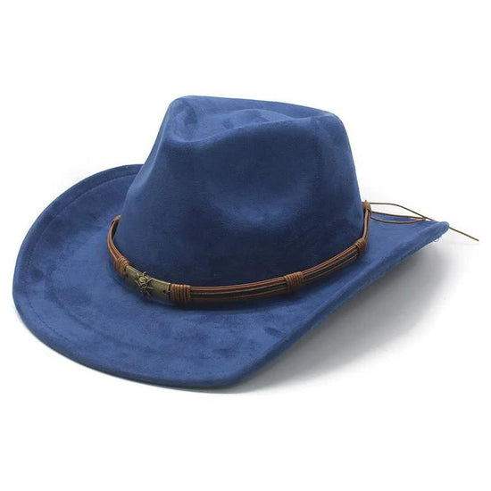 Blue Unisex Faux Suede Western Cowboy Hat - Wide Brim Vintage Fedora for Outdoor Travel,M(57-58cm)