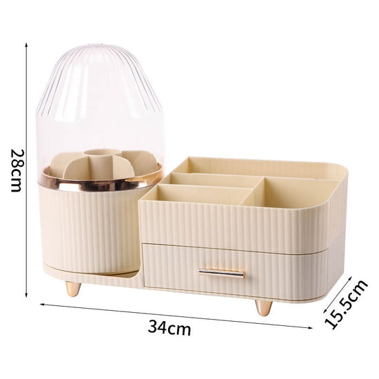 Cream Color Rotating Makeup Organizer Box - Multi-Compartment Cosmetic Storage with Dustproof Cover